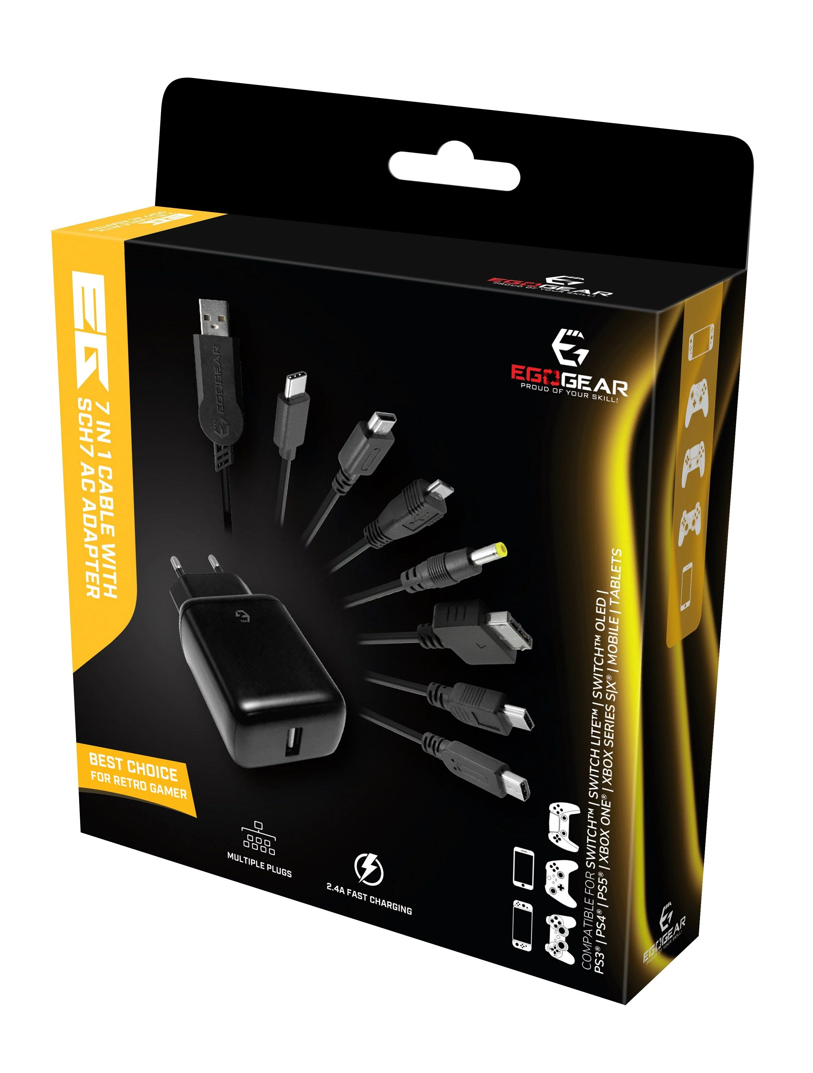 EgoGear - SCH7 - 7 in 1 Oplaadkabel met Snelle Euro USB Oplader voor Consoles, Controllers, Mobiel en Tablets