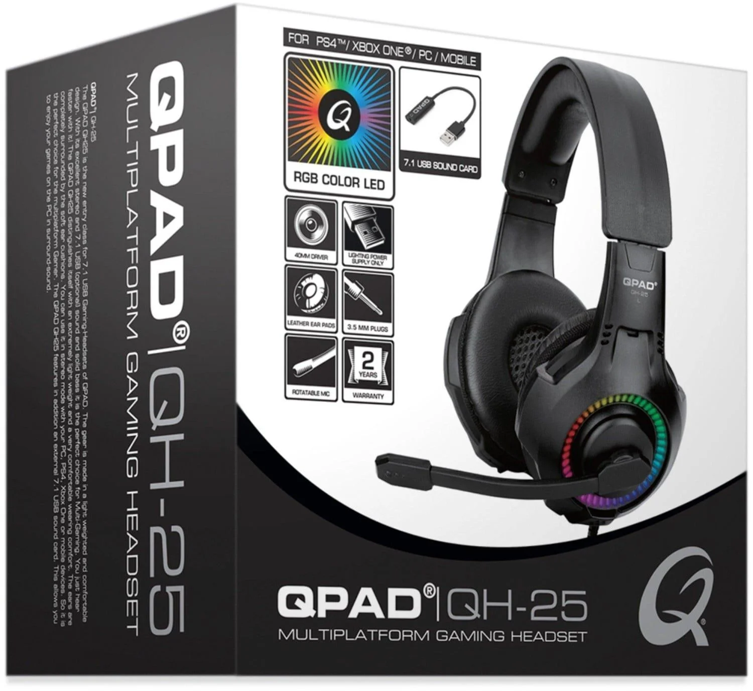 QPAD - QH-25 RGB Stereo and 7.1 USB Gaming Headset, Multiplatform (Stereo)