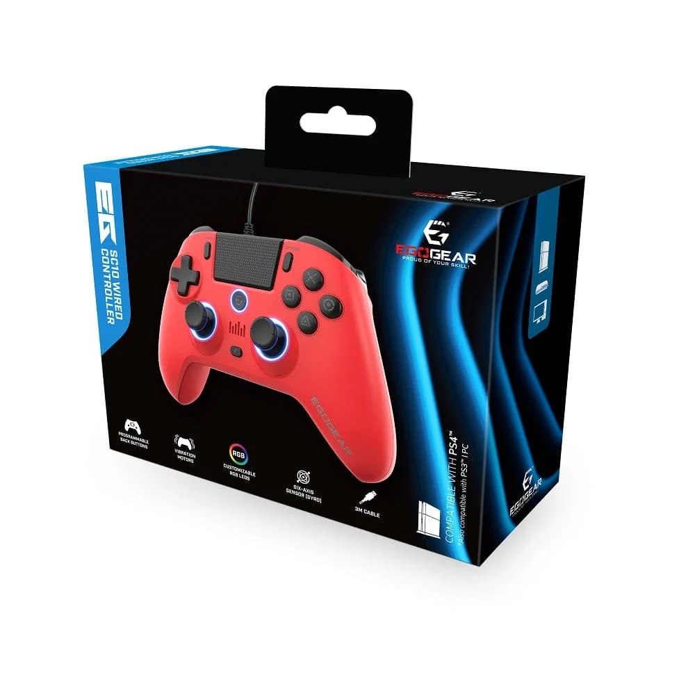 EgoGear - SC10 Bedrade Controller Rood met audio hoofdtelefoonpoort voor PS4, PS3 en PC