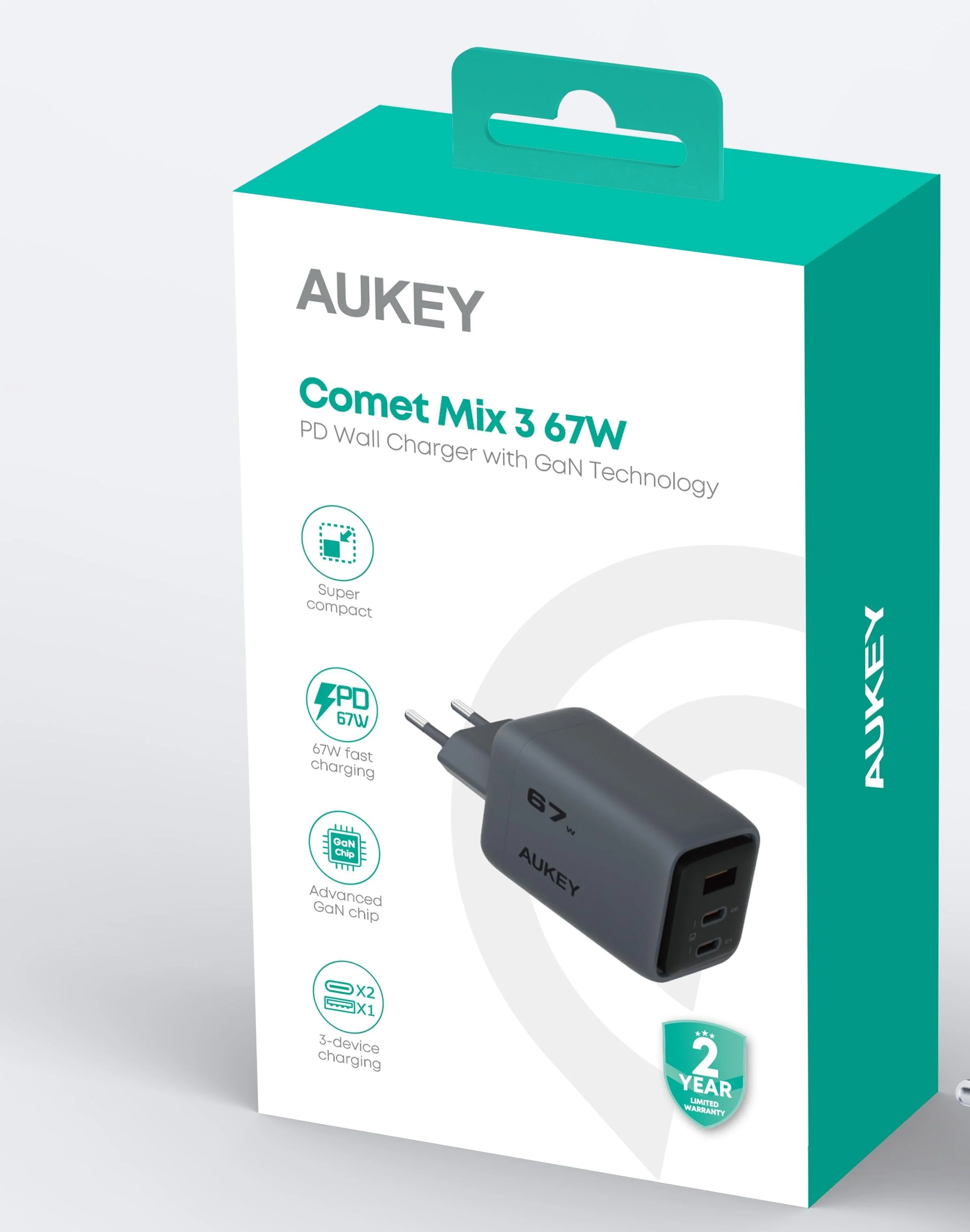 Aukey - Comet Mix 67W GaN PD 3-poorts Wandoplader Grijs