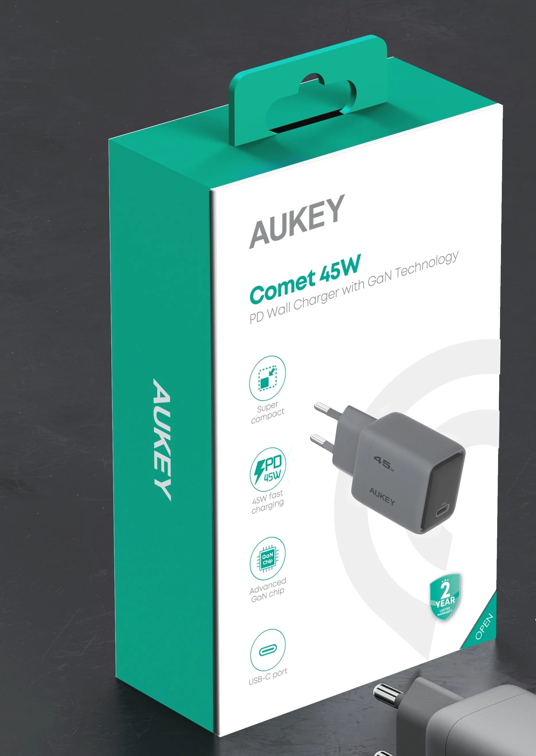 Aukey - Comet 45W GaN PD 1-poorts Wandoplader Grijs
