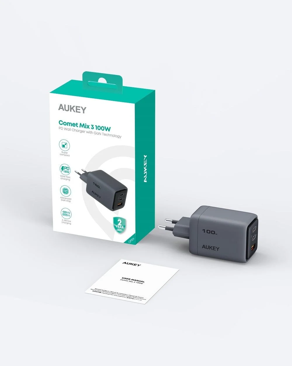Aukey - Comet Mix 100W GaN PD 3-poorts Wandoplader Grijs