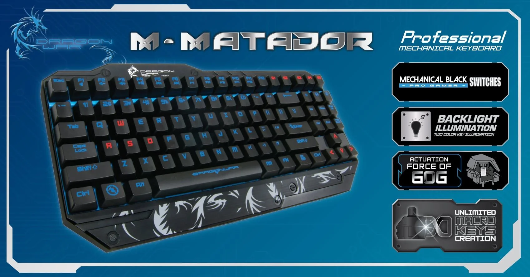 Dragonwar Backlight M-Matador Mechanische Pro Gaming Toetsenbord Qwerty met programmeerbare Macro toetsen. - Zwart