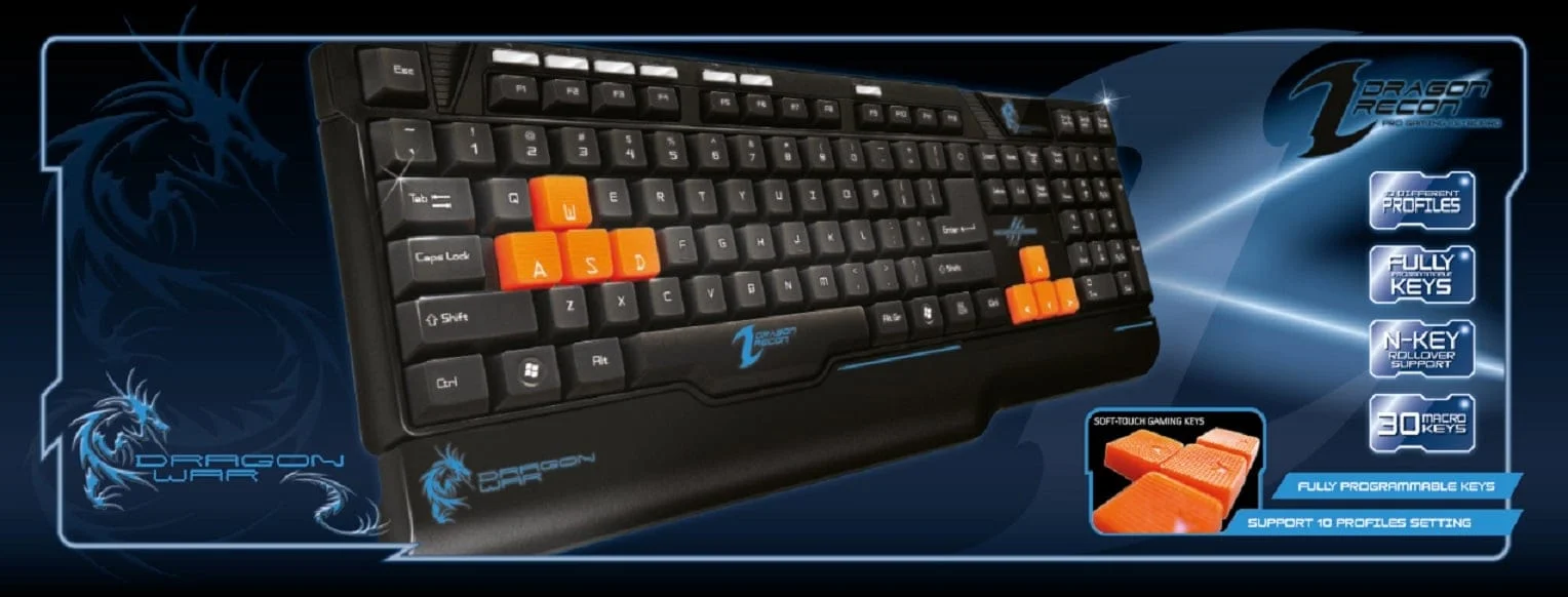 Dragonwar Recon - Programmeerbare Gaming Toetsenbord Qwerty – 30 Macro toetsen – 10 profielinstellingen – Nkey roller