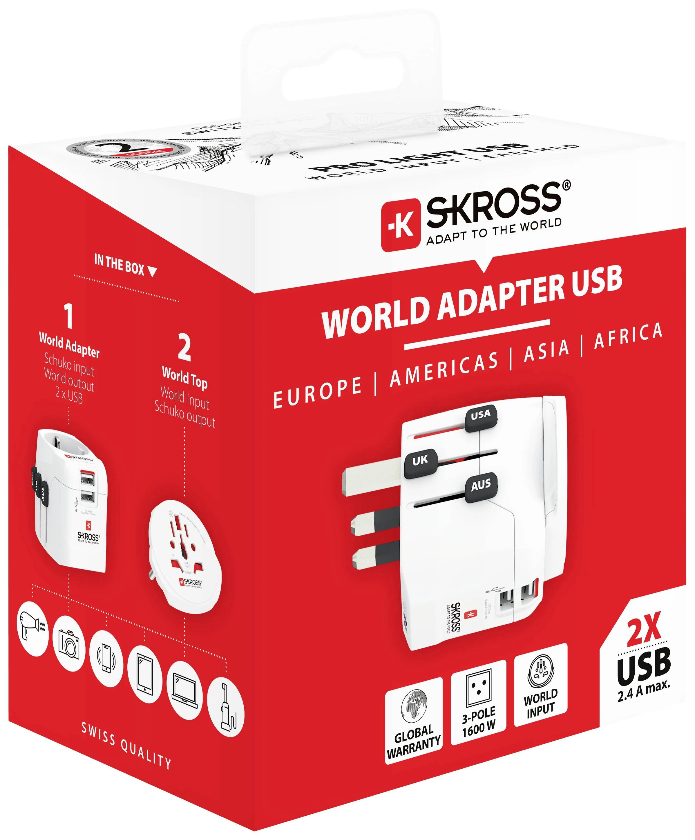 SKROSS - Wereldreisadapter met randaarde stekker - met Schukostekker (zonder Zwitserland & Italië) + 2xUSB 2400 mA