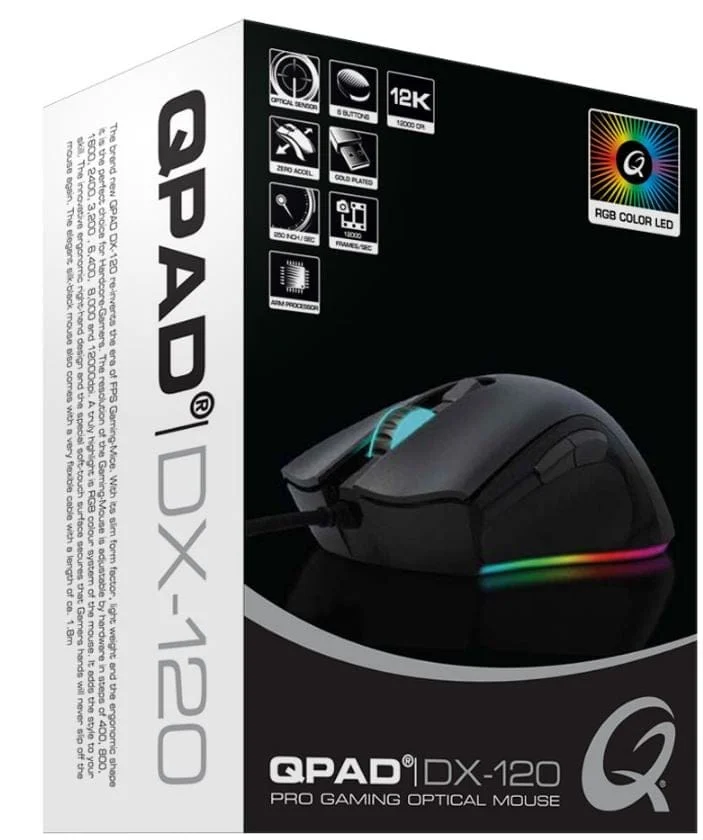 QPAD - DX-120 - 12.000 dpi FPS Gaming Muis met 6 knoppen, RGB multi-effect LED-verlichting, rechtshandig gebruik, lichtgewicht ontwerp