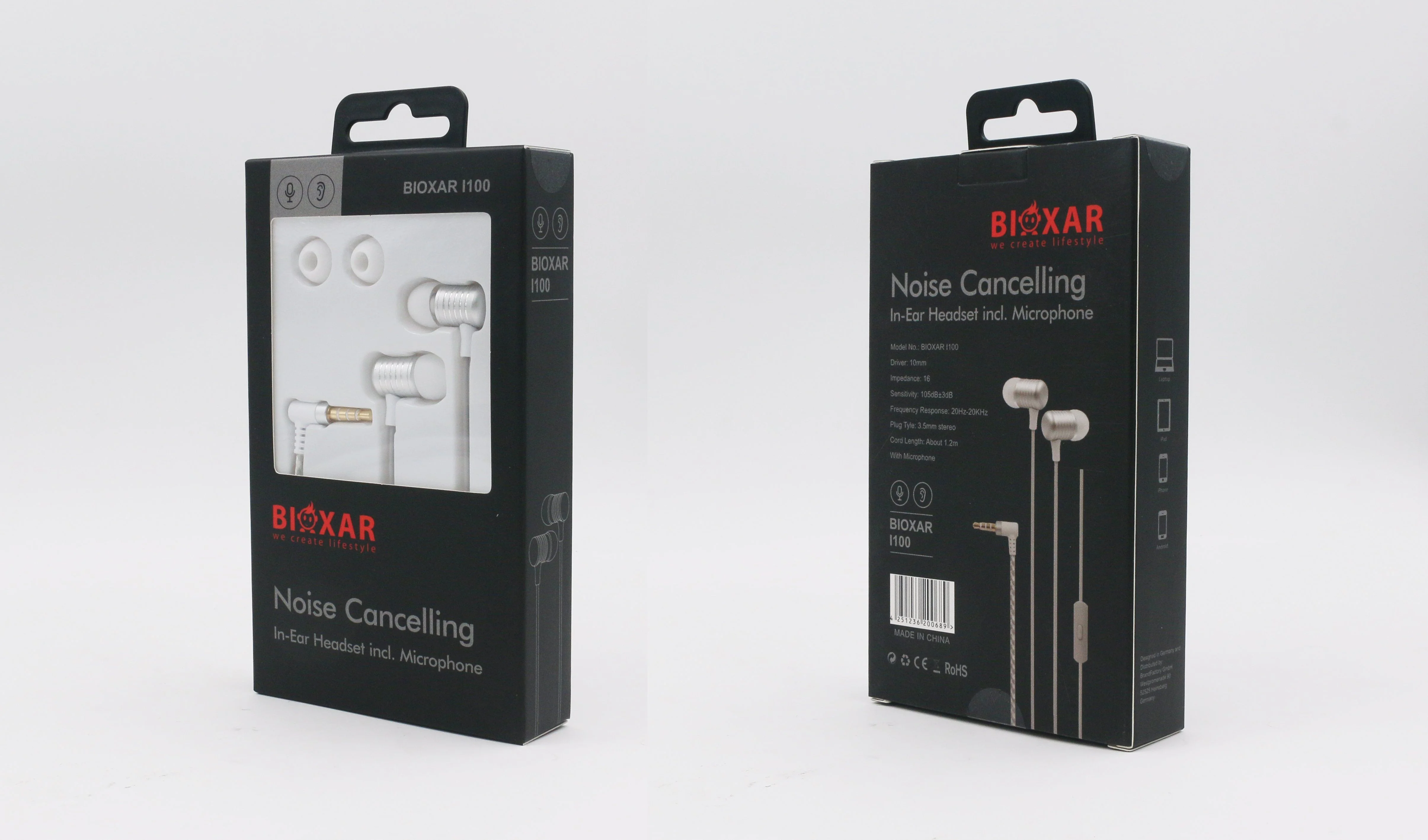 Bioxar - L100 - Zilver stéreo in-ear oortelefoon voor mobiele telefoons