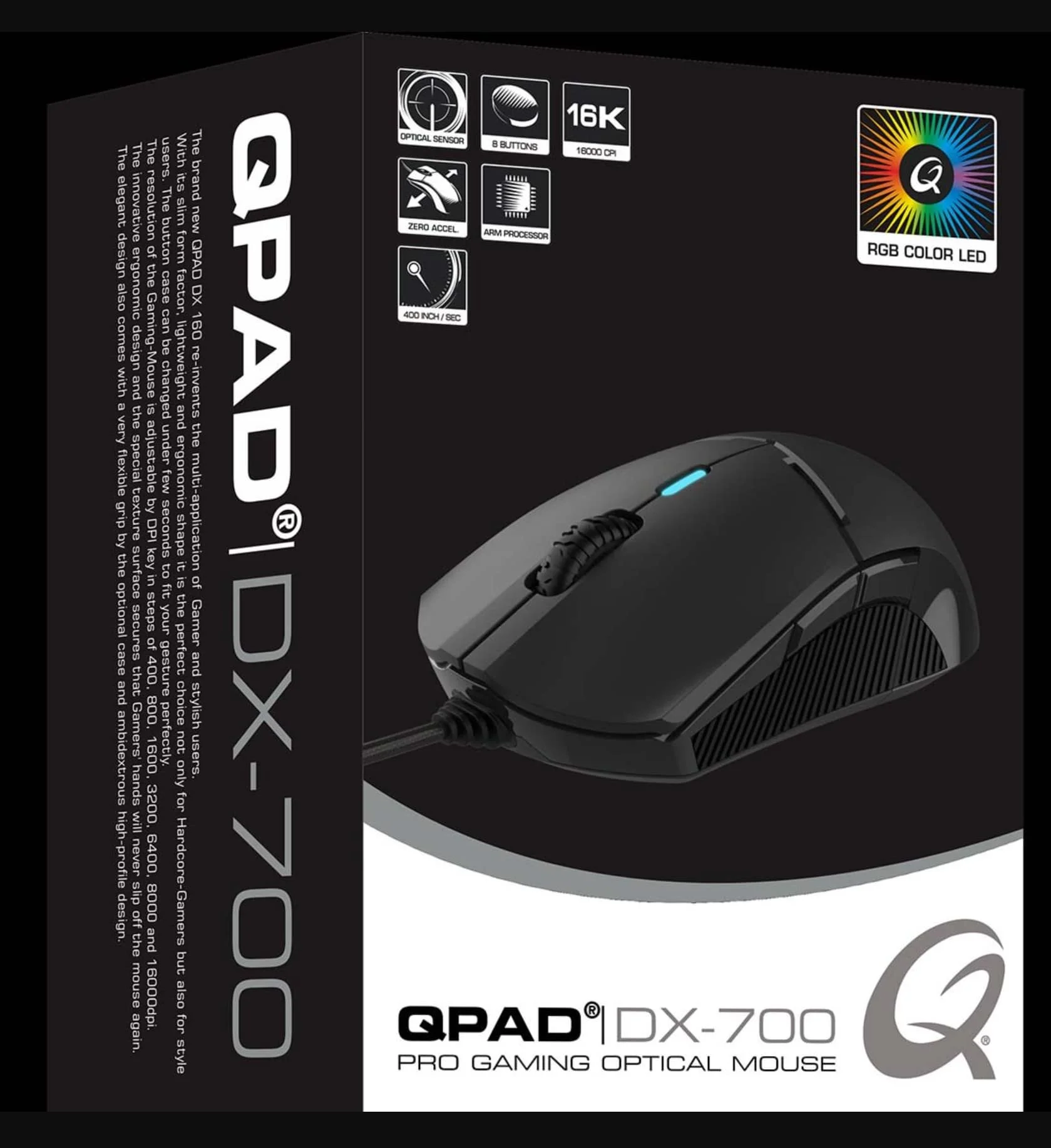 QPAD - DX-700 - Zwarte Bedrade Optische Gaming Muis - 16.000 DPI