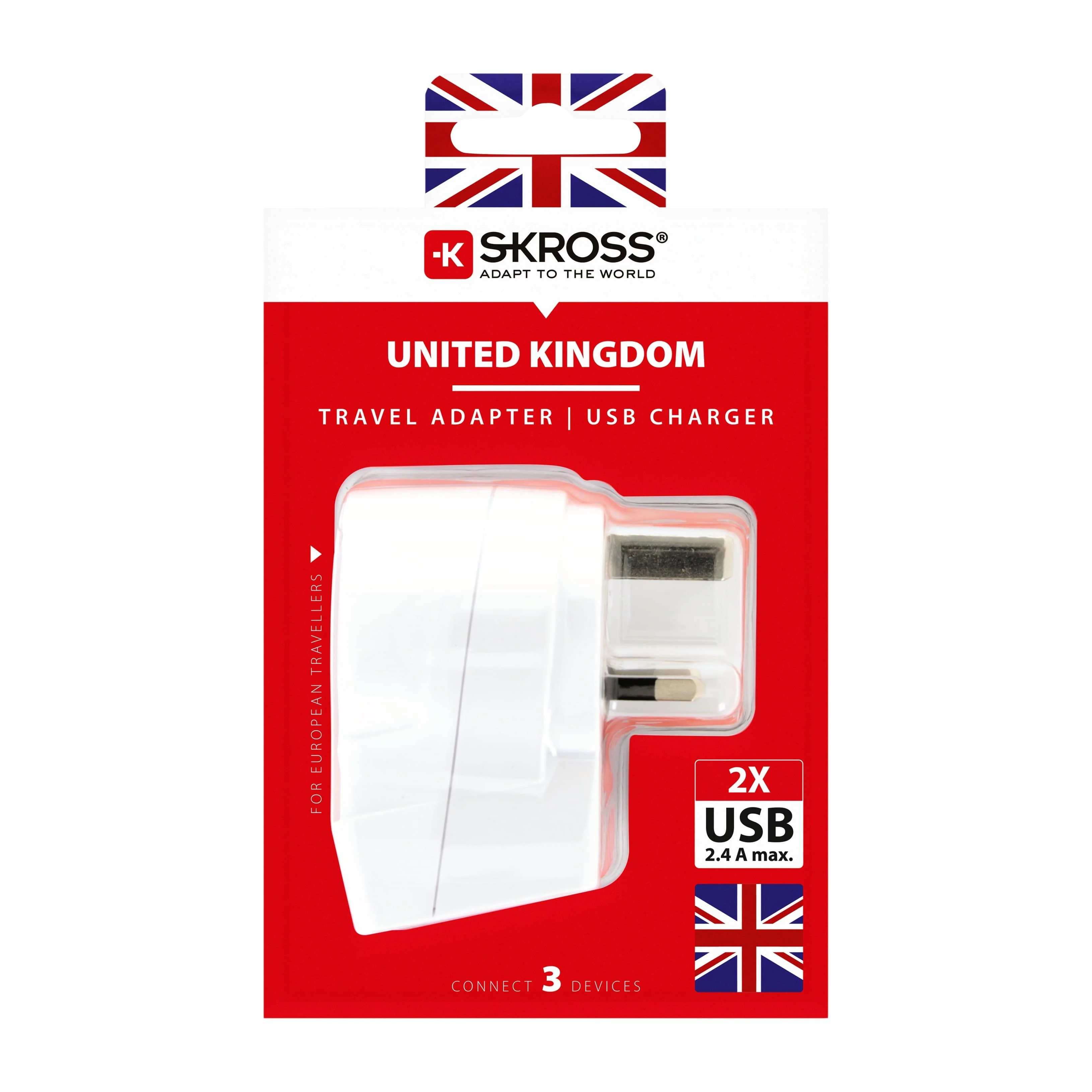 SKROSS - Reisadapter - Europa naar Verenigd Koninkrijk (UK) Reisadapter + 2xUSB 2400 mA