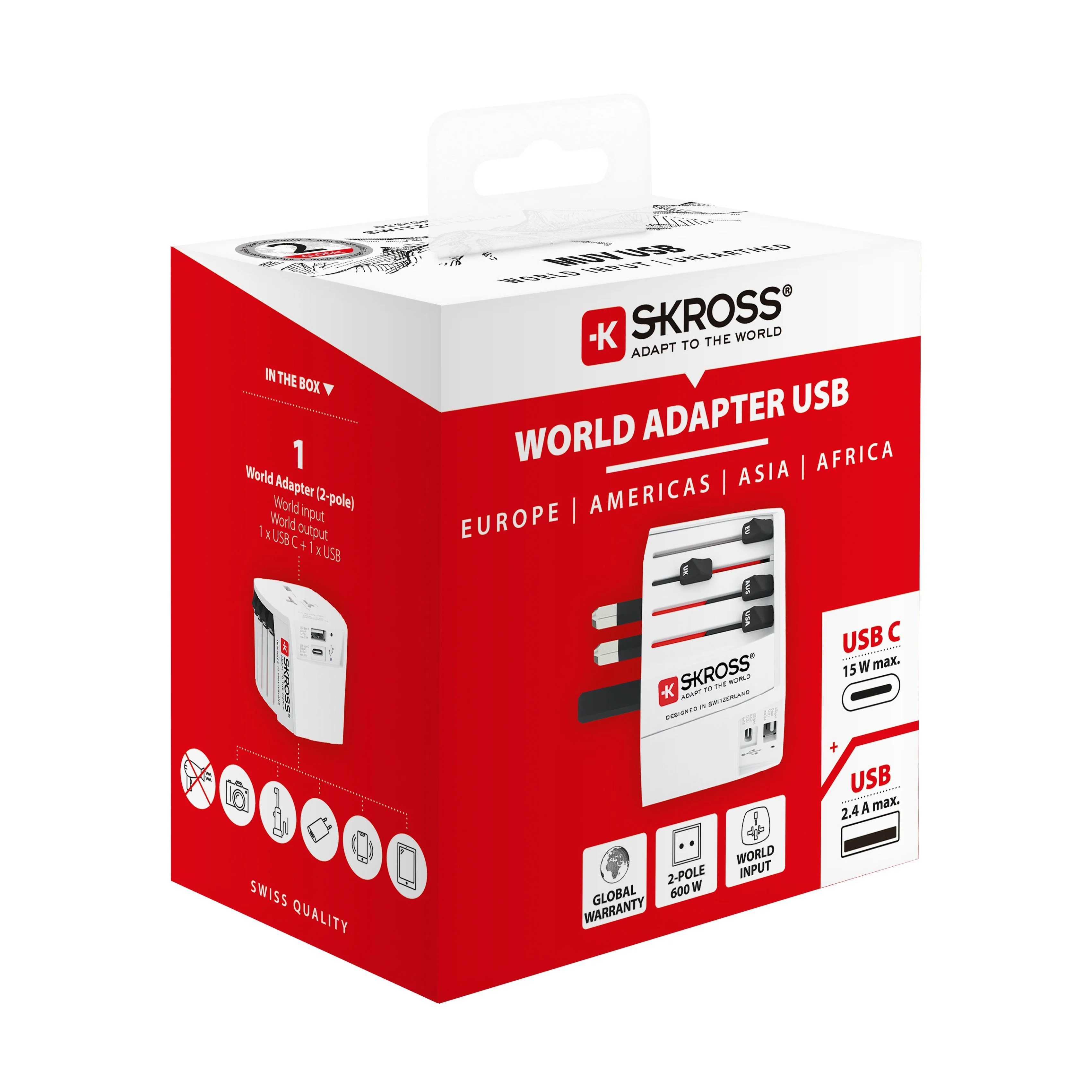 Skross - World Travel Adapter 2-pole + 1 USB Charger + 1 Type C 2400 mA White