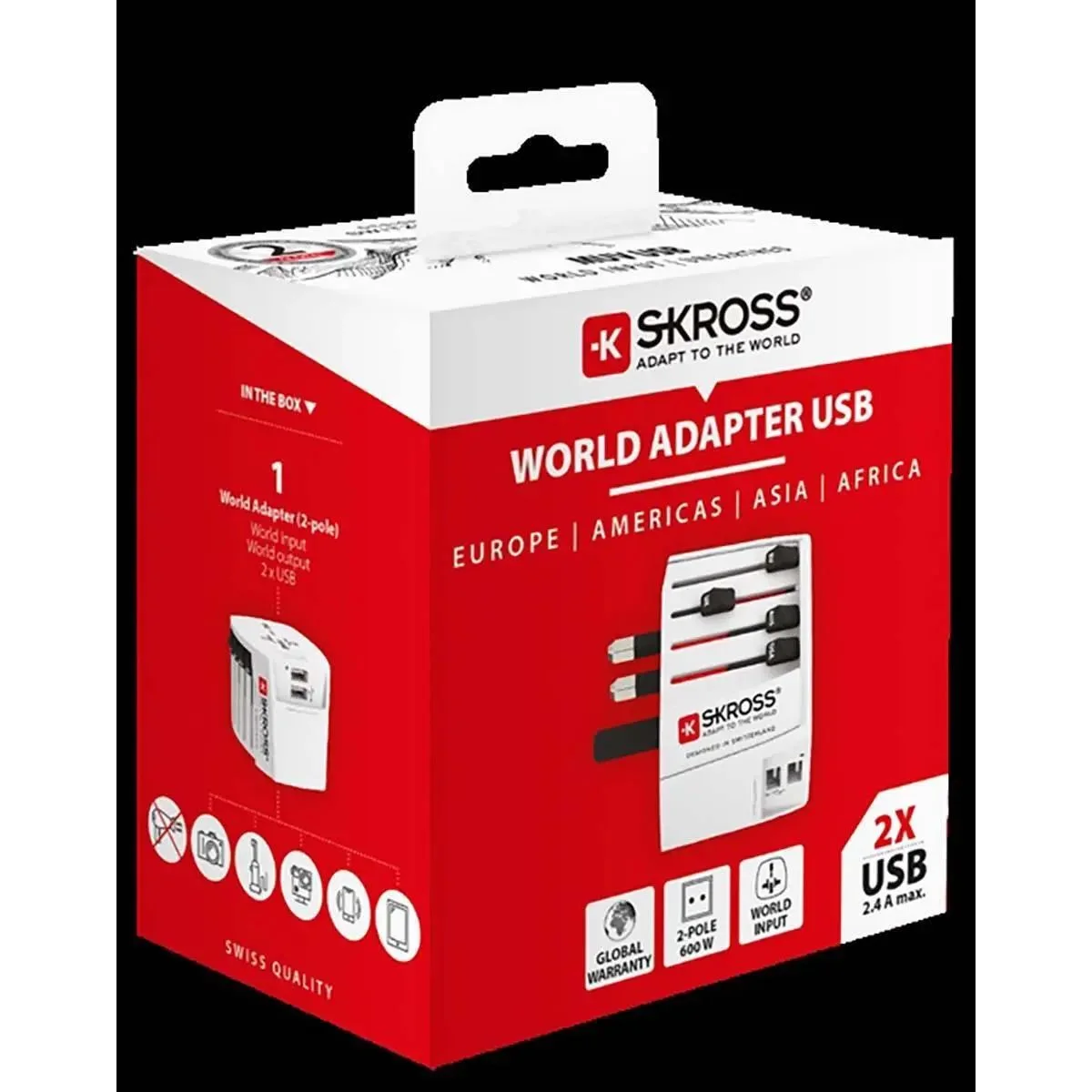 Skross - Wereldreisadapter MUV PRO 2-polig + 1 USB Snellader + 1 Type C 2500 mA Wit