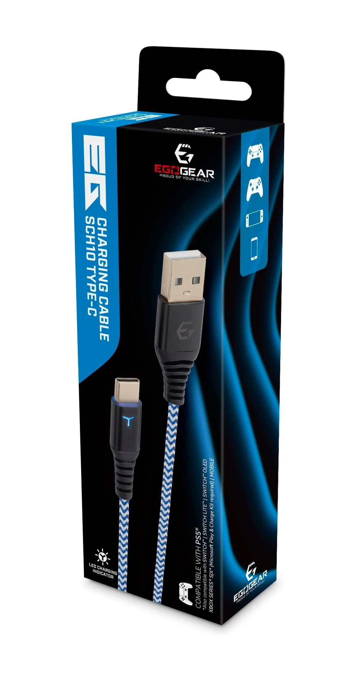 EgoGear - USB-C 3m Gevlochten Oplaadkabel Wit en Blauw - Geschikt voor PS5 - Xbox Series X - S - Switch - Switch Lite - Switch OLED, Switch 2