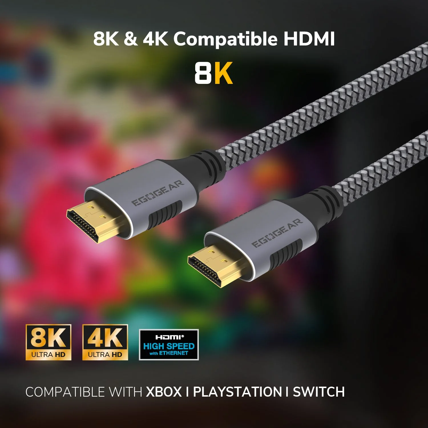 EgoGear - SCH20 8K UHD 2.1 HDMI Kabel met Ethernet Grijs en Zwaart - 2m thumbnail