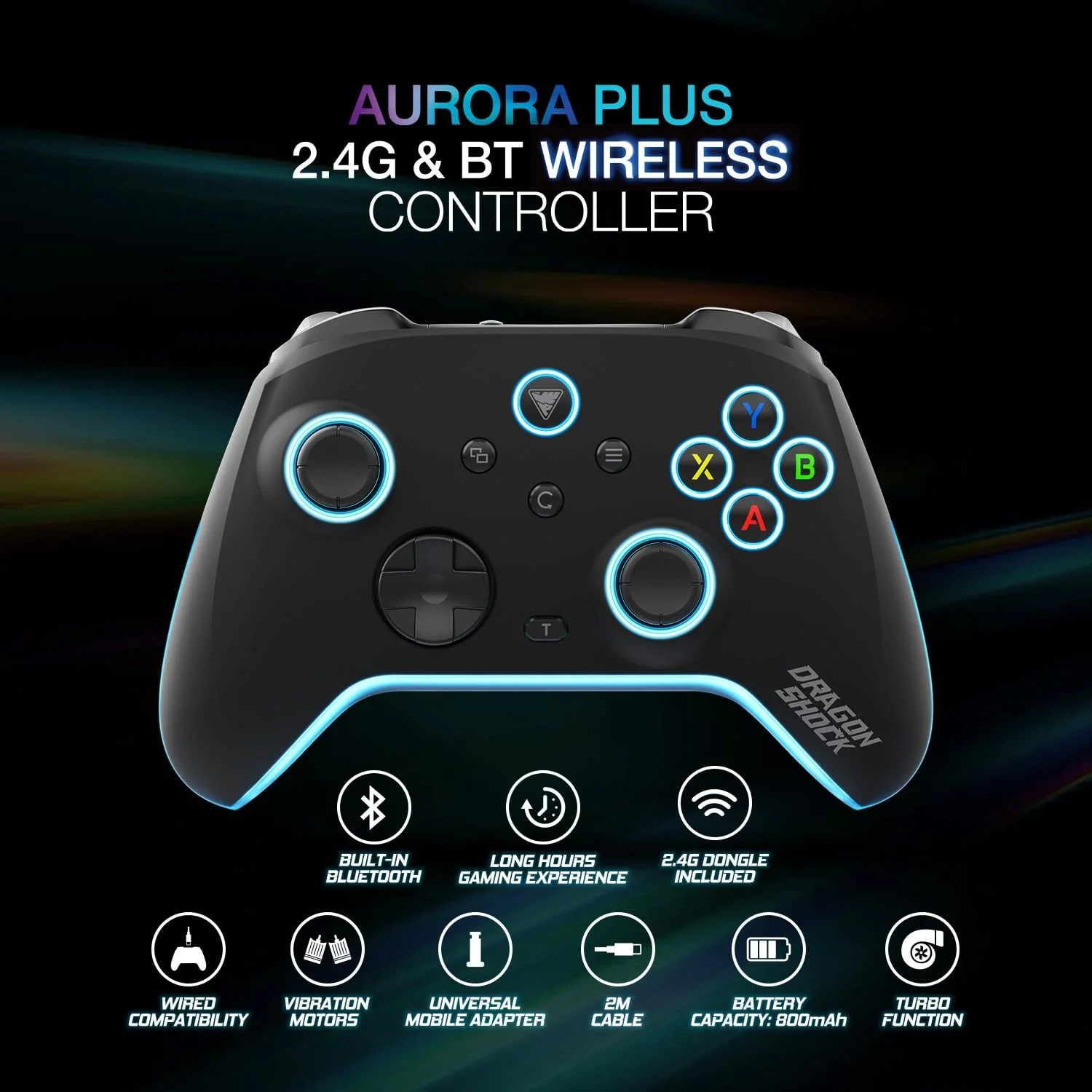 DragonShock - AURORA PLUS - Draadloze Controller Zwart met Telefoonhoudervoor PS3, PC, Android en IOS thumbnail