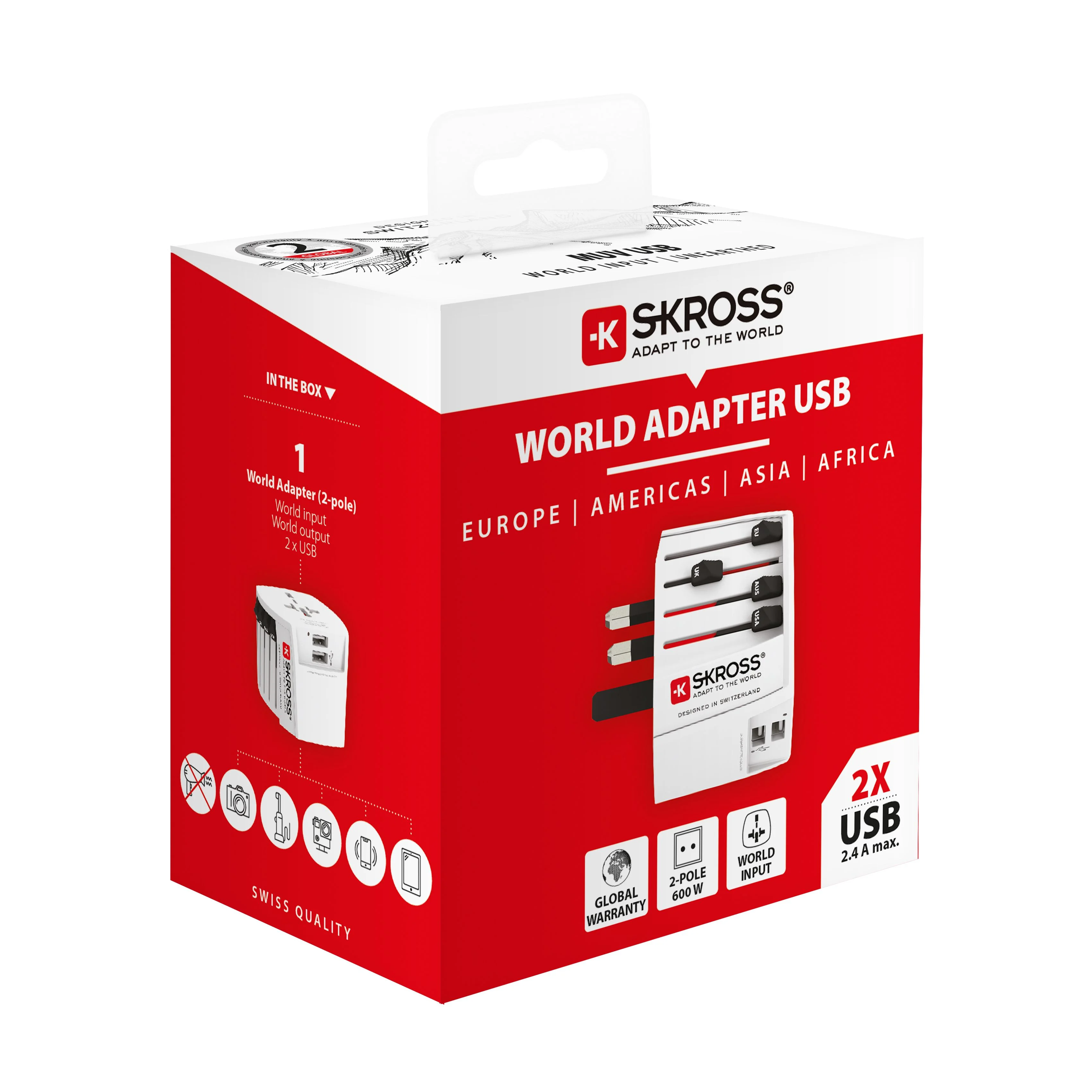 SKROSS - Reisadapter - Wereld adapter MUV 2-polig + 2xUSB 2400 mA