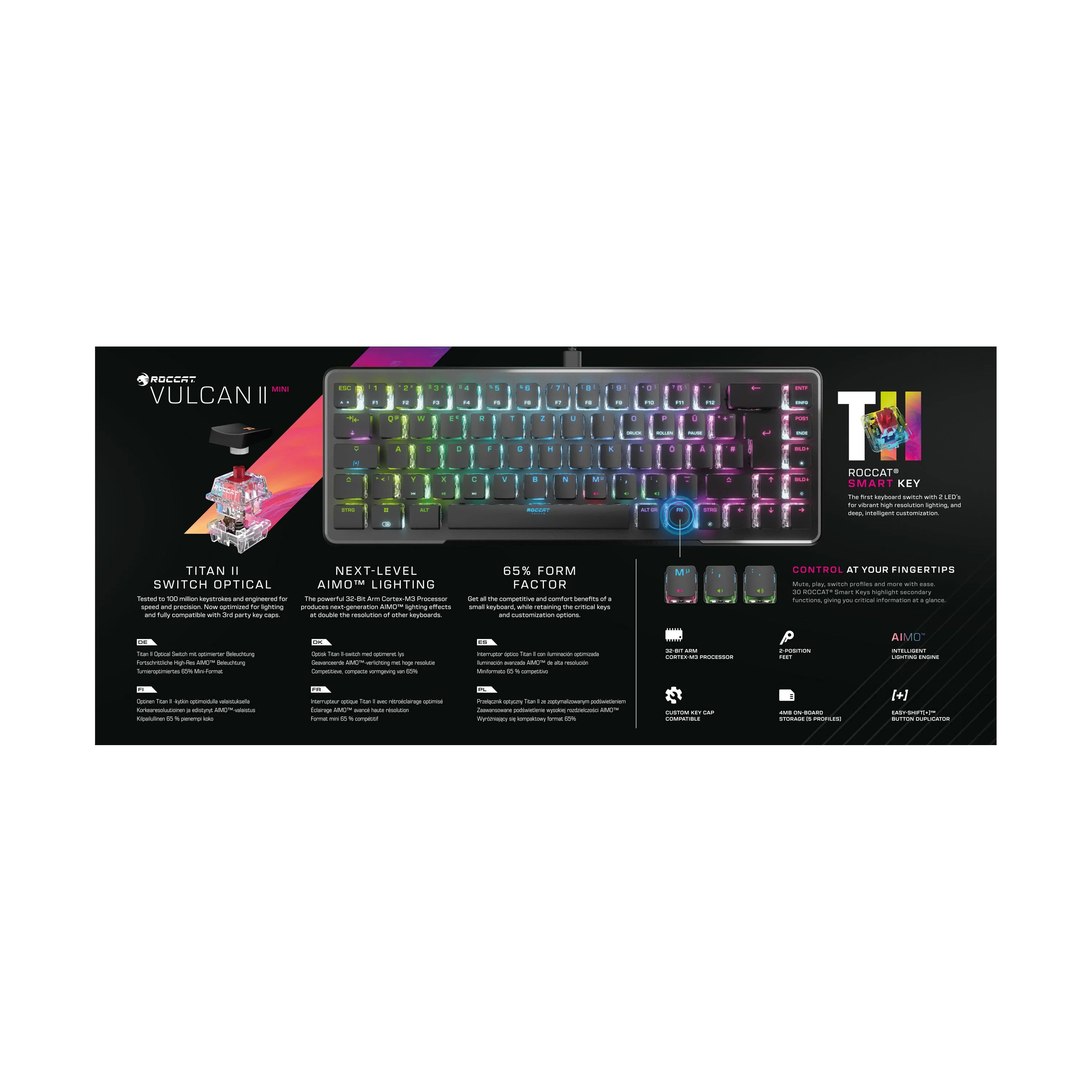 Roccat - Vulcan II Mini Mechanisch Optisch Gaming Toetsenbord Wit Zwart met RGB Lightning - QWERTY amerikaans Toetsenbordindeling thumbnail